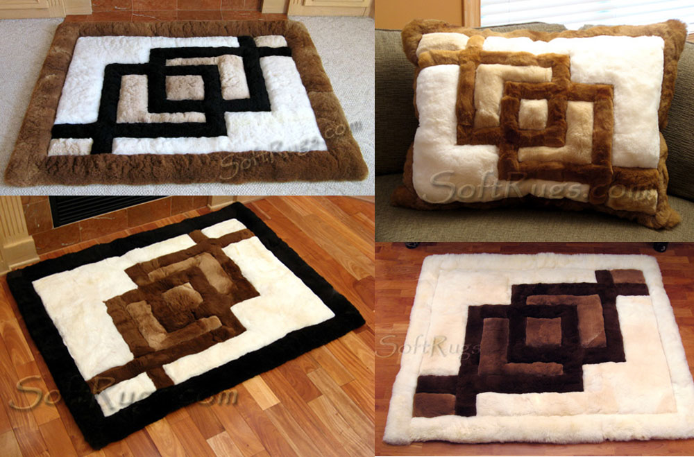 Interlocking Squares pattern rugs and pillows in alpaca fur