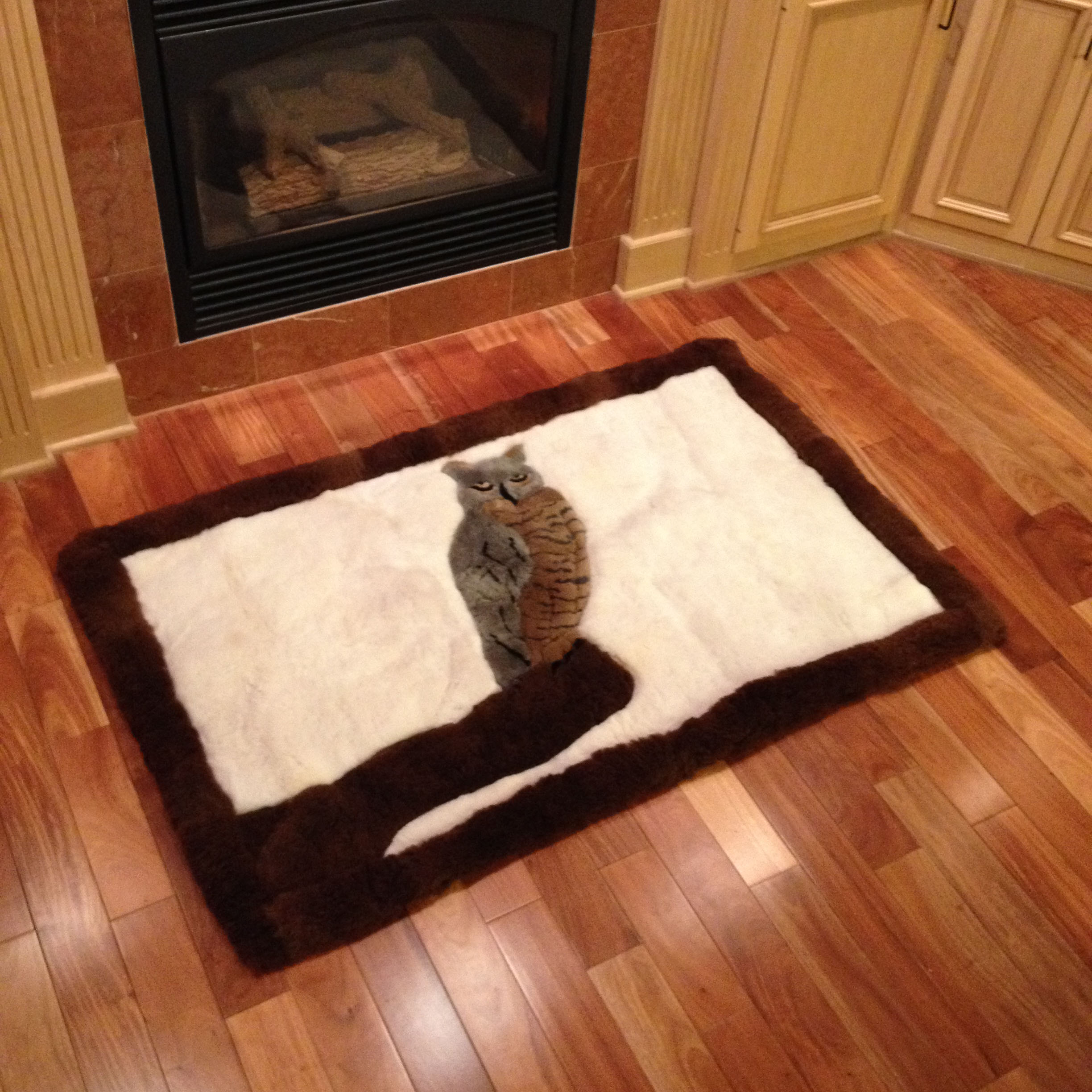 Custom Alpaca Fur Rug with Great Horned Owl Design