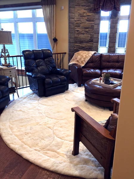 Angle Shot of Custom White Alpaca Fur Rug in Great Room